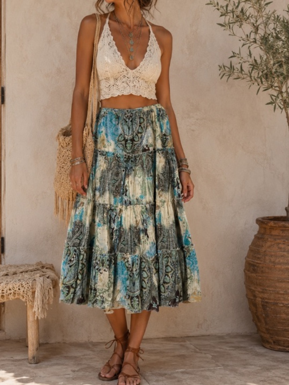 D. F. A . Cotton Paisley Tiered Midi Skirt in Brown and Teal Multicolor size 12